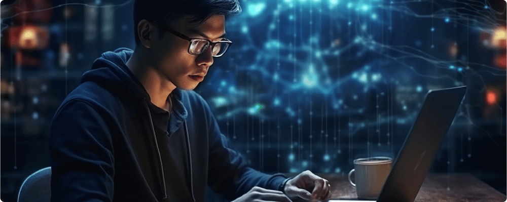 Asian man on working on a laptop in front of an AI background